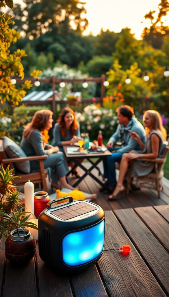 A vibrant garden party scene featuring a family enjoying outdoor technology and energy solutions, set during golden hour for warm, inviting lighting. In the foreground, a stylish solar-powered speaker and colorful LED lights subtly illuminate a wooden patio adorned with cozy seating and DIY decorations. The middle ground includes a table with delicious food and drinks, surrounded by family members dressed in modest casual attire, laughing and connecting over music. In the background, a lush garden with blooming flowers and greenery creates a peaceful atmosphere, while a modern yet unobtrusive power source subtly blends into the landscape. This scene embodies an authentic, inspiring vibe, reflecting a 'KlickKiste' aesthetic designed for natural DIY inspiration.