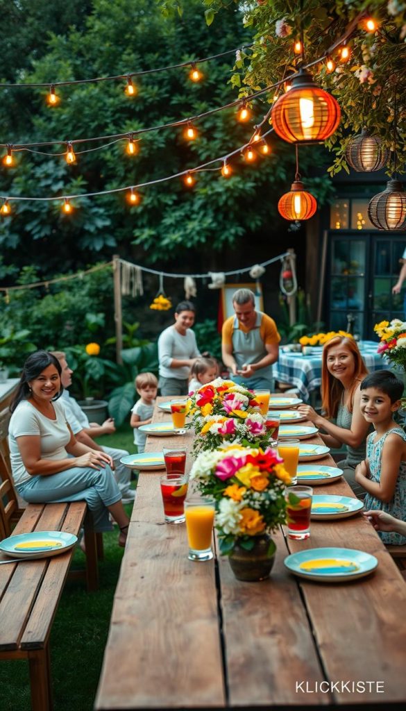 A vibrant garden party scene, showcasing a beautifully adorned outdoor area perfect for family gatherings. In the foreground, a long wooden table is elegantly set with floral centerpieces, colorful plates, and refreshing drinks under soft, warm lighting. Vibrant string lights hang above, creating a cozy atmosphere. In the middle, smiling families in modest casual clothing are enjoying themselves, engaging in activities like gardening and sharing laughter. Children play nearby, surrounded by playful decorations such as DIY flower arrangements and lanterns. The background features lush greenery and blooming flowers, enhancing the festive mood. Capture this joyous essence with a natural, Pinterest-inspired aesthetic that reflects authenticity and inspiration, highlighting the brand "KlickKiste."