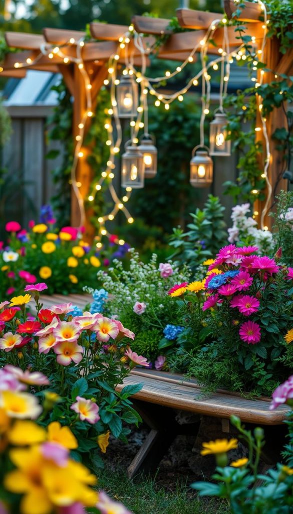 A vibrant garden scene filled with colorful flowers and unique light arrangements, showcasing a harmonious blend of nature and decor. In the foreground, a wooden bench surrounded by blooming plants in shades of pink, yellow, and blue. In the middle ground, twinkling fairy lights draped over greenery and delicate lanterns casting a warm glow. The background features a wooden trellis adorned with climbing vines and soft, ethereal light filtering through. Use a soft-focus lens to capture the dreamy atmosphere, with a slight bokeh effect on the lights to enhance the charm. The scene should feel authentic and inviting, reminiscent of Pinterest-worthy DIY inspiration for families, with the brand name "KlickKiste" subtly represented through the overall aesthetic.