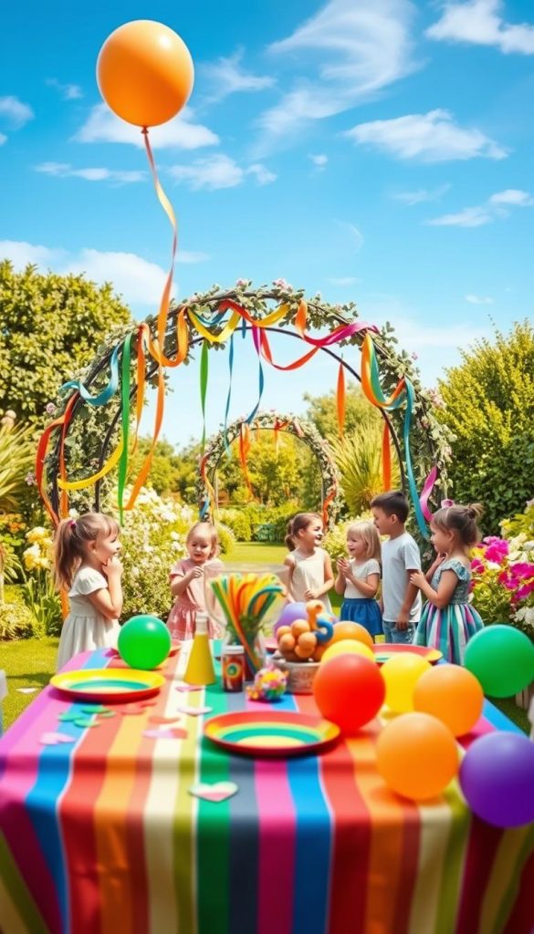 A vibrant garden scene filled with colorful rainbow-themed party decorations for a children's birthday, evoking a joyful and playful atmosphere. In the foreground, a picnic table adorned with rainbow-striped tablecloth, plates, and balloons in bright colors like red, orange, yellow, green, blue, and purple. Scattered DIY crafts like paper hearts and streamers enhance the festive vibe. In the middle ground, whimsical garden arches draped with multicolored ribbons and fairy lights shimmer gently. Kids in modest casual clothing are playing games, laughing, and enjoying the decorations. The background features lush greenery and blooming flowers under a clear blue sky with soft sunlight filtering through, creating a warm and inviting ambiance. The image embodies an authentic Pinterest-inspired look, representing KlikKiste's DIY spirit.