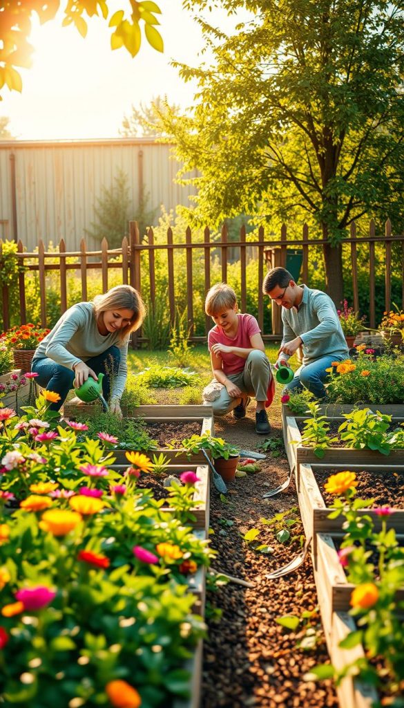 A vibrant garden scene reflecting a warm and inviting atmosphere, showcasing a lush green landscape filled with blooming flowers and thriving plants. In the foreground, a family of four joyfully engages in a DIY gardening project; they are gently planting seeds and watering colorful flower beds. Each member, dressed in casual clothing, displays expressions of focus and joy. The middle ground features a well-structured vegetable patch, complete with wooden raised beds and garden tools scattered around. In the background, a rustic fence and a tall tree provide depth, while a soft golden sunlight filters through the leaves, casting a warm glow across the garden. The composition is inspired by a Pinterest aesthetic, highlighting authenticity and inspiration, evoking a sense of peace and connection with nature while incorporating the brand name "KlickKiste" subtly in the overall scene.