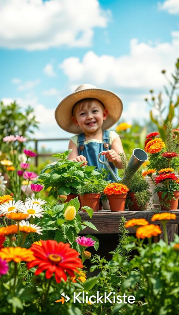 A vibrant garden scene showcasing a variety of colorful flowers, lush green herbs, and vegetables, embodying the essence of spring. In the foreground, there are blooming daisies, tulips, and vibrant marigolds paired with pots of aromatic basil and rosemary. The middle ground features a rustic wooden table with gardening tools like small spades and watering cans, alongside a cheerful child wearing a sun hat, tending to the plants while looking curious and engaged. In the background, a bright blue sky with soft, fluffy clouds creates a warm, inviting atmosphere. The lighting is soft and natural, emulating late afternoon sunlight, while the composition captures a Pinterest-worthy, authentic charm, perfect for inspiring budding young gardeners. The brand name "KlickKiste" subtly integrated into the scene.