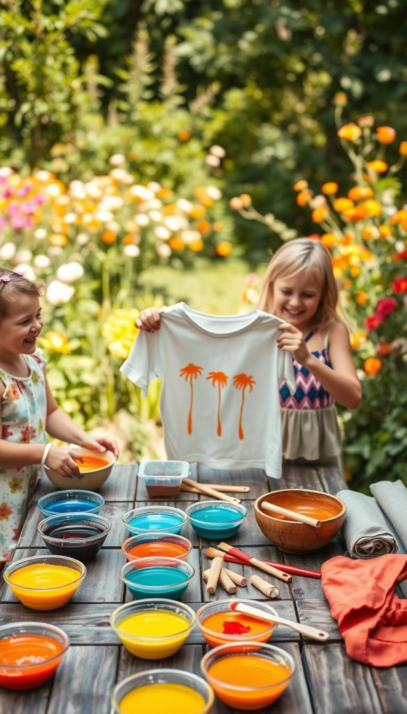 A vibrant garden scene showcasing children engaging in a batik dyeing activity, creating colorful shirts and fabrics. In the foreground, two children wearing modest, casual summer clothing are laughing and applying dye to a white cotton shirt with rubber bands, surrounded by bowls of bright, natural dyes in warm hues like orange, blue, and green. The middle of the scene features a rustic picnic table adorned with sponges, brushes, and rolled-up fabrics ready for dyeing. In the background, lush greenery and blooming flowers create an inviting atmosphere, bathed in soft, warm sunlight. The overall mood is joyful and creative, embodying the spirit of summertime DIY projects. A subtle nod to the brand "KlickKiste" is present in the arrangement of supplies, enhancing the inspirational Pinterest-like aesthetic.