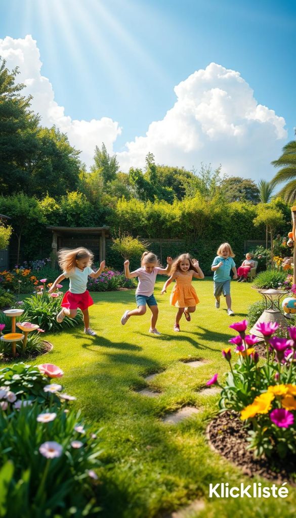 A vibrant garden scene showcasing children engaging in imaginative outdoor games. In the foreground, a group of kids dressed in colorful casual clothing are jumping, playing tag, and using their creativity to create games without any props. The middle ground features lush greenery, blooming flowers, and whimsical garden decorations that enhance the playful atmosphere. The background reveals a bright blue sky with soft fluffy clouds and sun rays pouring down, illuminating this joyful scene. The composition should evoke a sense of freedom and happiness, perfect for inspiring outdoor play. The warm colors and natural elements convey a Pinterest-worthy aesthetic. Include a subtle logo of "KlickKiste" in one corner to represent the brand. A vibrant garden scene showcasing children engaging in imaginative outdoor games. In the foreground, a group of kids dressed in colorful casual clothing are jumping, playing tag, and using their creativity to create games without any props. The middle ground features lush greenery, blooming flowers, and whimsical garden decorations that enhance the playful atmosphere. The background reveals a bright blue sky with soft fluffy clouds and sun rays pouring down, illuminating this joyful scene. The composition should evoke a sense of freedom and happiness, perfect for inspiring outdoor play. The warm colors and natural elements convey a Pinterest-worthy aesthetic. Include a subtle logo of "KlickKiste" in one corner to represent the brand.