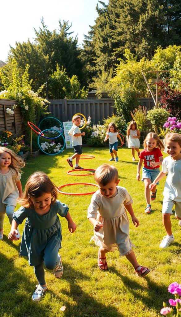 A vibrant garden scene, showcasing children playing various outdoor DIY games in a sunlit backyard. In the foreground, a group of diverse children, dressed in modest casual clothing, are joyfully participating in a three-legged race, their expressions filled with excitement. In the middle ground, colorful hula hoops and DIY obstacle courses add a playful touch, while other kids are seen running and laughing in a circle. The background features lush green grass, blooming flowers, and a clear blue sky, creating a warm and inviting atmosphere. The lighting is soft and golden, mimicking the golden hour, which enhances the cheerful mood. This scene captures the essence of outdoor fun and creativity, inspired by the aesthetic of "KlickKiste." A vibrant garden scene, showcasing children playing various outdoor DIY games in a sunlit backyard. In the foreground, a group of diverse children, dressed in modest casual clothing, are joyfully participating in a three-legged race, their expressions filled with excitement. In the middle ground, colorful hula hoops and DIY obstacle courses add a playful touch, while other kids are seen running and laughing in a circle. The background features lush green grass, blooming flowers, and a clear blue sky, creating a warm and inviting atmosphere. The lighting is soft and golden, mimicking the golden hour, which enhances the cheerful mood. This scene captures the essence of outdoor fun and creativity, inspired by the aesthetic of "KlickKiste."