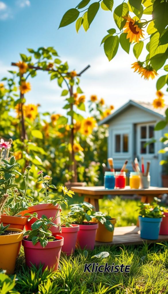 A vibrant garden scene showcasing various DIY projects suitable for kids, filled with lush greenery and colorful flowers. In the foreground, there are pots painted in bright colors, holding herbs and small flowers, providing an inviting atmosphere. The middle ground features a whimsical trellis adorned with climbing plants, while a small wooden table displays jars of paints and brushes, encouraging creativity. The background includes a soft-focus garden shed surrounded by blooming sunflowers under a bright blue sky. Soft, warm sunlight filters through the leaves, creating a serene and inspiring mood. The aesthetic captures the essence of natural DIY projects, reminiscent of a Pinterest look. The brand name "KlickKiste" subtly integrates into the overall theme, enhancing the authenticity of the setting.