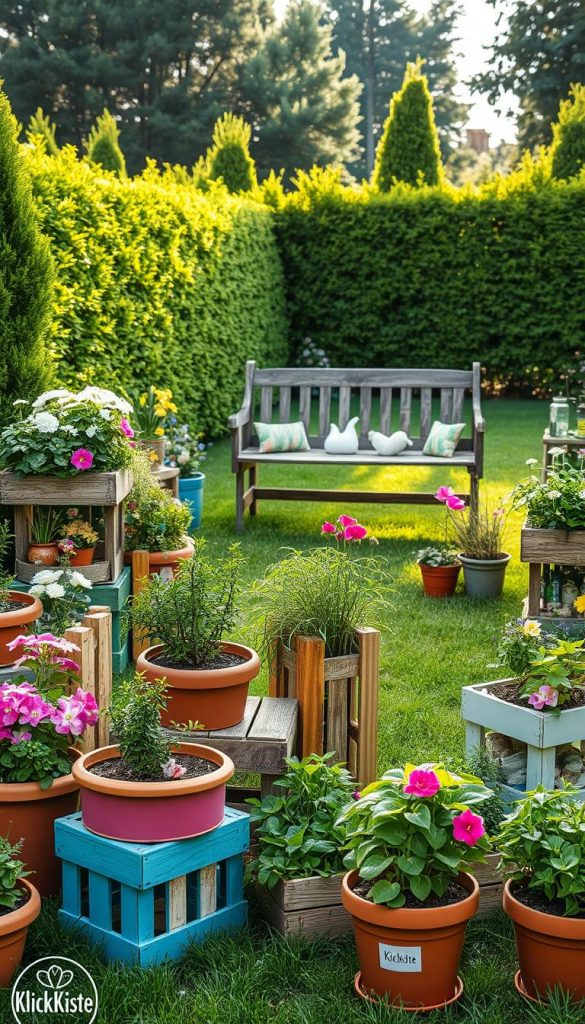 A vibrant garden scene showcasing various upcycled plant containers creatively arranged throughout a lush backyard. In the foreground, colorful terracotta pots and repurposed wooden crates brimming with blooming flowers, herbs, and greens, capturing the essence of sustainable gardening. The middle ground features a charming rustic bench adorned with handmade decorative items, while the background includes a lush, green lawn framed by tall, blooming hedges and sunlight filtering through trees, creating a warm, inviting atmosphere. Soft, natural lighting enhances the authenticity of the scene, evoking a Pinterest-inspired aesthetic. The image highlights the brand "KlickKiste" by incorporating subtly branded elements, such as a decorative item or plant tag. The overall mood is inspiring, showcasing a genius blend of creativity, sustainability, and affordability in gardening decor.
