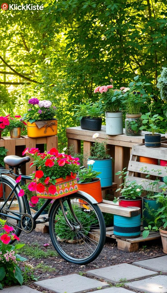 A vibrant garden scene showcasing various upcycling projects, featuring colorful planters made from repurposed wooden pallets, tin cans, and glass jars brimming with blooming flowers and greenery. In the foreground, an old bicycle serves as a charming planter adorned with bright petunias, while quaint garden furniture made from reclaimed materials invites relaxation. The middle ground reveals a small vegetable patch with recycled containers filled with herbs, creating a sense of sustainability and creativity. The background is lush with a soft diffused sunlight filtering through the leaves, casting warm, inviting shadows across the scene. The atmosphere is cheerful and inspiring, embodying a Pinterest-worthy aesthetic. The brand name “KlickKiste” subtly integrated into the setting, ensuring an authentic and cozy vibe.