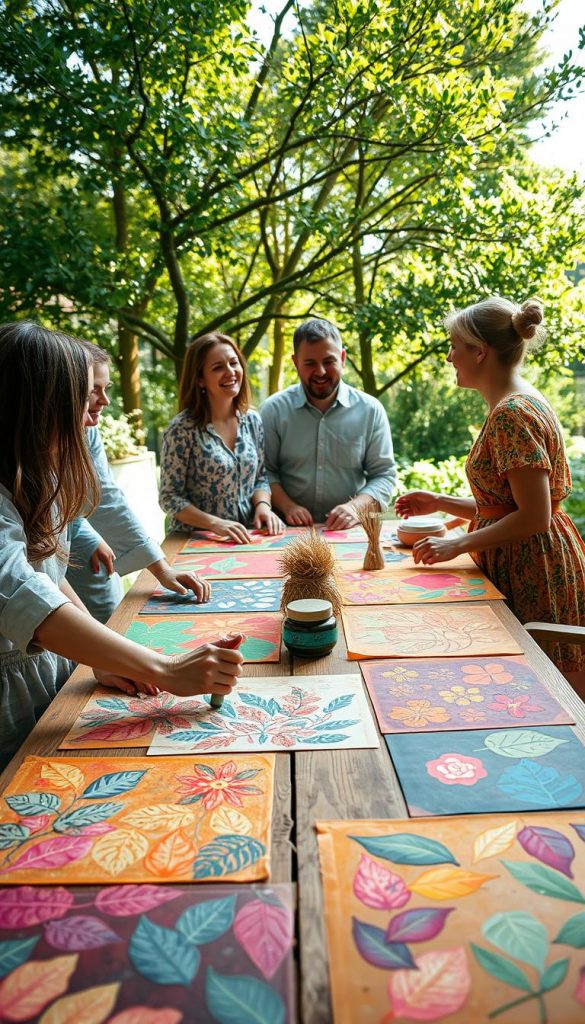 A vibrant gelli print workshop scene showcasing nature patterns inspired by leaves, flowers, and natural textures. In the foreground, a wooden table is covered with colorful gelli prints, showcasing intricate floral and leaf designs, with a pair of hands playfully applying paint with a brayer. In the middle, a family of four is gathered around the table, laughing and engaged in the printing process, dressed in modest casual clothing. The background features a bright, airy outdoor space filled with greenery, sunlight dappling through the trees, creating a warm, inviting atmosphere. The composition captures a creative and inspiring DIY vibe, reminiscent of Pinterest aesthetics. Include a subtle hint of the brand "KlickKiste" in the scene through decorative elements on the table.