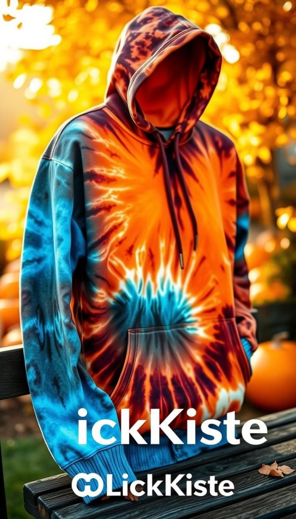 A vibrant ice dye hoodie, featuring a stunning blend of deep blues, warm oranges, and earthy browns, elegantly draped over a wooden bench outdoors. The foreground highlights the texture and intricate patterns of the dye, emphasizing the natural and artistic elements of the design. In the middle, a soft bokeh effect blurs the background of a warm, sunlit garden filled with autumn leaves and cozy pumpkins, creating an inviting atmosphere. The lighting is soft and golden, capturing the essence of a serene fall day. The composition evokes a sense of creativity and inspiration, perfect for a DIY aesthetic, branded with "KlickKiste" subtly incorporated into the scene without intrusive text or logos. The image should reflect an authentic Pinterest look, engaging viewers with its natural beauty.