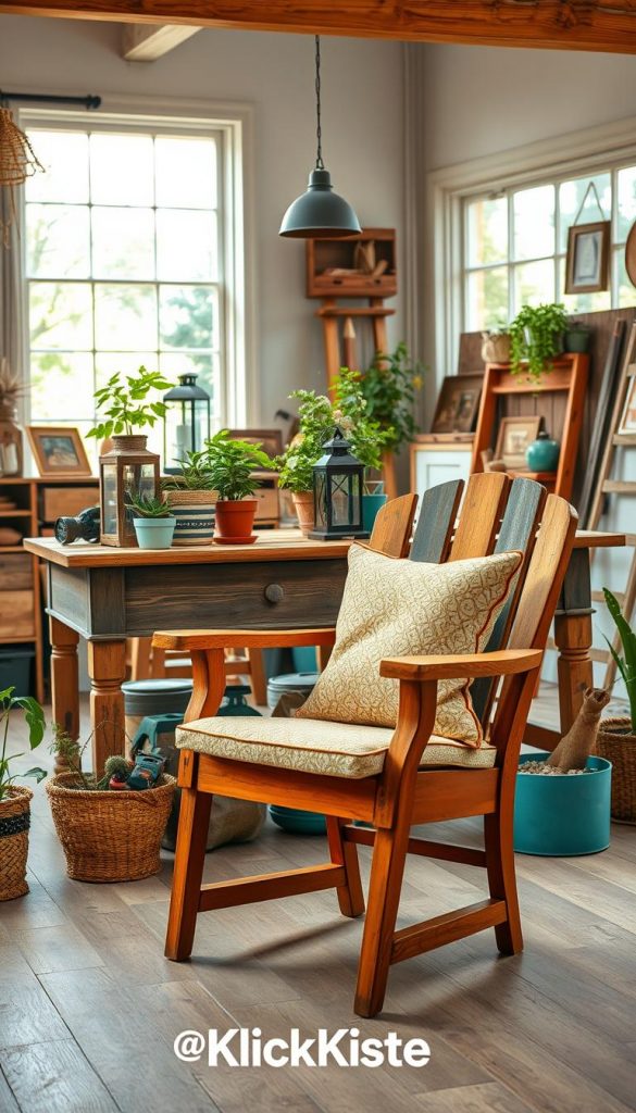 A vibrant, inspiring scene showcasing the theme of sustainable upcycling with an emphasis on DIY furniture upgrades. In the foreground, display a beautifully transformed wooden chair painted in warm, earthy tones, adorned with cushions made from reclaimed fabric. The middle layer features a wooden table decorated with potted plants, tools, and stylishly upcycled decor items like lanterns and picture frames, emphasizing creativity and resourcefulness. The background reveals a cozy, sunlit workshop with large windows, highlighting the warmth of natural light filtering through, creating a welcoming atmosphere. The overall mood is cheerful and inspiring, embodying the essence of DIY culture. Include the brand name "KlickKiste" subtly integrated into the scene, maintaining a Pinterest aesthetic with an authentic touch. A vibrant, inspiring scene showcasing the theme of sustainable upcycling with an emphasis on DIY furniture upgrades. In the foreground, display a beautifully transformed wooden chair painted in warm, earthy tones, adorned with cushions made from reclaimed fabric. The middle layer features a wooden table decorated with potted plants, tools, and stylishly upcycled decor items like lanterns and picture frames, emphasizing creativity and resourcefulness. The background reveals a cozy, sunlit workshop with large windows, highlighting the warmth of natural light filtering through, creating a welcoming atmosphere. The overall mood is cheerful and inspiring, embodying the essence of DIY culture. Include the brand name "KlickKiste" subtly integrated into the scene, maintaining a Pinterest aesthetic with an authentic touch.