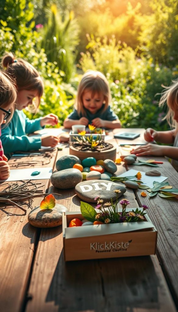 A vibrant, inviting DIY crafting scene set on a wooden table outdoors, bathed in warm, natural sunlight. In the foreground, children creatively engaging in various projects using natural materials: twigs, leaves, and stones to make eco-friendly crafts. The middle section features a collection of colorful, finished upcycled items – a painted rock garden, leaf bookmarks, and a small reused container filled with wildflowers. The background showcases a lush green garden, evoking a serene and inspiring atmosphere, akin to a Pinterest aesthetic. Soft focus on the surroundings enhances the DIY spirit, while the brand name "KlickKiste" subtly appears on a crafting tool in the scene. The overall mood is one of joy, creativity, and sustainability, inviting viewers to explore the world of reusable crafting.