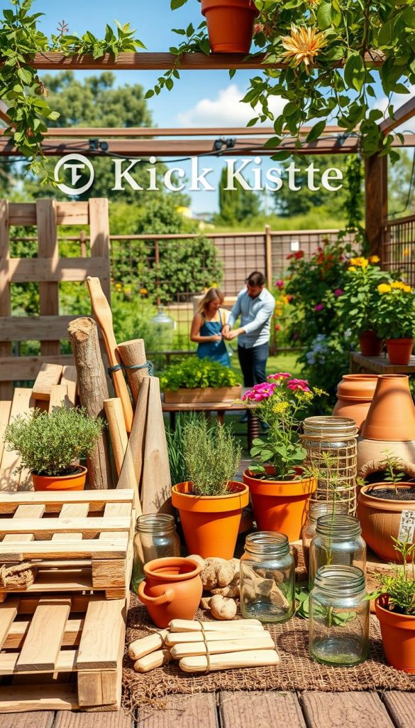 A vibrant, inviting DIY garden scene showcasing sustainable materials and upcycled resources. In the foreground, display an assortment of natural materials like wooden pallets, terracotta pots, and recycled glass jars, all arranged artfully. The middle ground features a small family, dressed in modest casual clothing, playfully engaging in a gardening project, symbolizing community and creativity. The background reveals a lush garden with greenery, bright flowers, and a clear blue sky, adding warmth and inspiration to the scene. Soft, natural lighting enhances the earthy tones, evoking a nostalgic Pinterest look. Include the brand name "KlickKiste" subtly integrated into the setting, ensuring it complements the overall aesthetic without overpowering it. Aim for a warm, authentic atmosphere that invites viewers to explore their own DIY gardening projects.