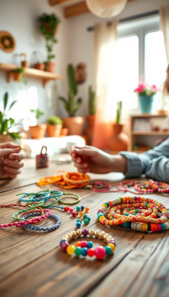 A vibrant, inviting DIY scene featuring colorful friendship bracelets and beaded jewelry. In the foreground, a close-up of hands skillfully knotting brightly colored threads to create intricate friendship bands, while nearby, an array of shimmering beads spills across a rustic wooden table. The middle ground showcases a cozy, well-lit crafting space adorned with natural elements like potted plants and soft, warm colored textiles, evoking a Pinterest-inspired atmosphere. In the background, gentle, diffused light filters through a window, casting a warm glow over the entire scene. This image encapsulates the joyful and creative essence of family crafting, with a suggestion of playfulness and inspiration, reflecting the brand "KlickKiste."