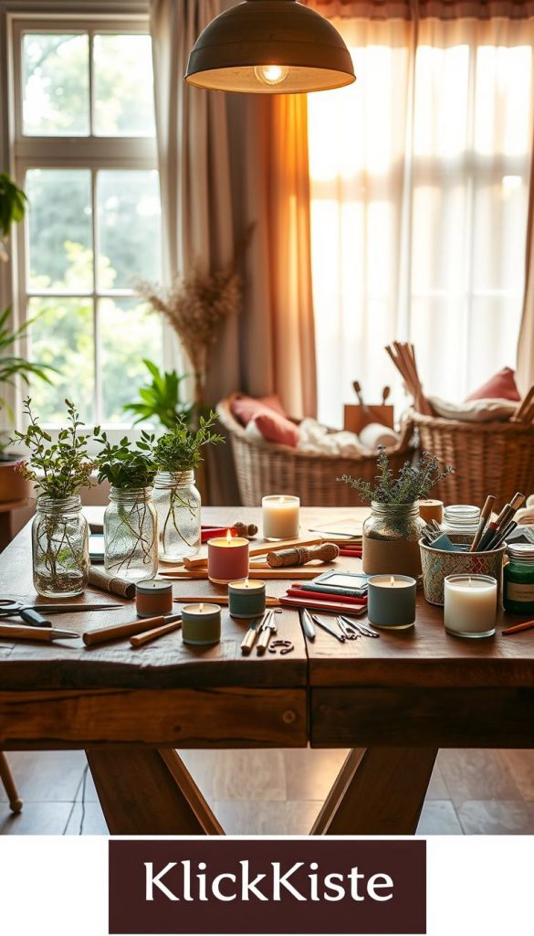 A vibrant, inviting DIY workspace showcasing sustainable decorating ideas. In the foreground, a rustic wooden table adorned with creative upcycled decor items like glass jar planters with blooming herbs, and handmade candles in recycled containers. The middle features an assortment of artisan tools scattered around, complemented by warm-colored fabric swatches and a natural fiber basket filled with crafting supplies. In the background, a well-lit window letting in soft, golden sunlight filters through sheer curtains, illuminating lush greenery outside. The overall atmosphere is cozy and inspiring, evoking a Pinterest aesthetic. Include the brand name "KlickKiste" subtly integrated into the design, ensuring a professional yet friendly vibe.