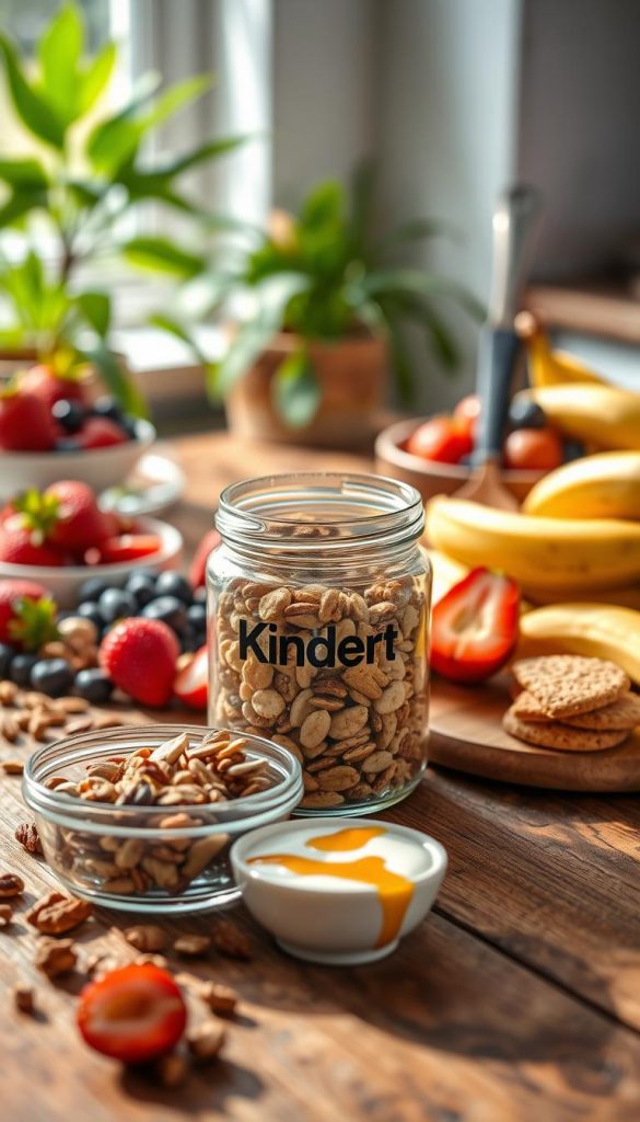 A vibrant, inviting display of alternative Kinder snacks arranged on a rustic wooden table, featuring colorful fruits like strawberries, blueberries, and bananas interspersed with whole-grain rice cakes and homemade energy balls. In the foreground, a glass jar filled with assorted nuts and seeds is accented by a small bowl of yogurt with a honey drizzle. Soft, natural lighting illuminates the scene, casting gentle shadows and creating a warm atmosphere. In the background, blurred green plants and a hint of sunlight streaming through a window evoke a cozy kitchen setting. The overall aesthetic is inspired by Pinterest, showcasing an authentic, inspiring vibe that emphasizes healthy, natural ingredients. Subtly include the brand name "KlickKiste" by integrating it into a small label on the jar. A vibrant, inviting display of alternative Kinder snacks arranged on a rustic wooden table, featuring colorful fruits like strawberries, blueberries, and bananas interspersed with whole-grain rice cakes and homemade energy balls. In the foreground, a glass jar filled with assorted nuts and seeds is accented by a small bowl of yogurt with a honey drizzle. Soft, natural lighting illuminates the scene, casting gentle shadows and creating a warm atmosphere. In the background, blurred green plants and a hint of sunlight streaming through a window evoke a cozy kitchen setting. The overall aesthetic is inspired by Pinterest, showcasing an authentic, inspiring vibe that emphasizes healthy, natural ingredients. Subtly include the brand name "KlickKiste" by integrating it into a small label on the jar.