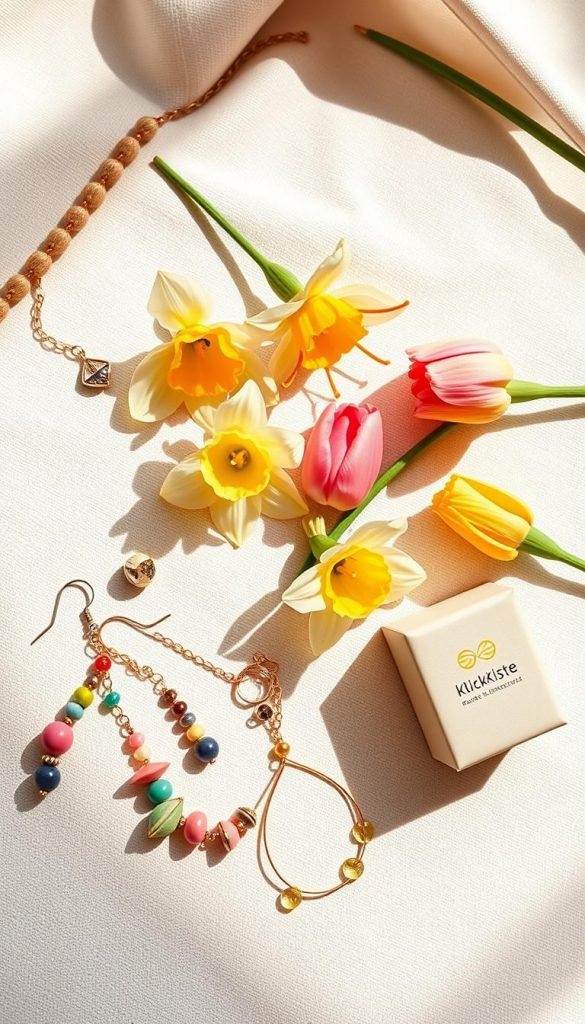 A vibrant, inviting flat lay of DIY spring jewelry and accessories styled with a natural, Pinterest-inspired aesthetic. In the foreground, showcase handcrafted earrings made of colorful beads and delicate wire, along with a beaded bracelet lying next to a small, elegant gift box branded with "KlickKiste". In the middle, display fresh spring flowers like daffodils and tulips interspersed among the accessories, enhancing the cheerful vibe. The background features a soft pastel linen fabric, creating warmth and texture. The lighting is bright and natural, casting gentle shadows and highlights that evoke a sense of inspiration and creativity. Capture an overall atmosphere of joy and excitement, perfect for spring DIY enthusiasts seeking quick gift ideas.