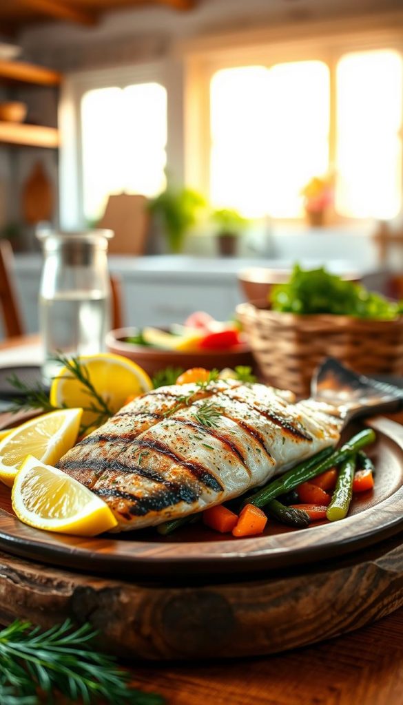 A vibrant, inviting image of a beautifully presented dish featuring fresh fish, garnished with colorful vegetables. In the foreground, a fillet of grilled fish is artfully arranged on a rustic wooden plate, accompanied by lemon wedges and sprigs of dill for a pop of color. In the middle, a scattering of lightly steamed seasonal vegetables adds texture and freshness, showcasing a variety of greens, carrots, and perhaps asparagus. The background is softly blurred to highlight the plate, with a cozy kitchen setting, warm natural light filtering through a window, creating a serene and homely atmosphere. The overall mood should be one of warmth and comfort, reflecting a family-friendly dining experience, inspired by the aesthetics of Pinterest. Brand integration: "KlickKiste" subtly incorporated within the table setting. A vibrant, inviting image of a beautifully presented dish featuring fresh fish, garnished with colorful vegetables. In the foreground, a fillet of grilled fish is artfully arranged on a rustic wooden plate, accompanied by lemon wedges and sprigs of dill for a pop of color. In the middle, a scattering of lightly steamed seasonal vegetables adds texture and freshness, showcasing a variety of greens, carrots, and perhaps asparagus. The background is softly blurred to highlight the plate, with a cozy kitchen setting, warm natural light filtering through a window, creating a serene and homely atmosphere. The overall mood should be one of warmth and comfort, reflecting a family-friendly dining experience, inspired by the aesthetics of Pinterest. Brand integration: "KlickKiste" subtly incorporated within the table setting.