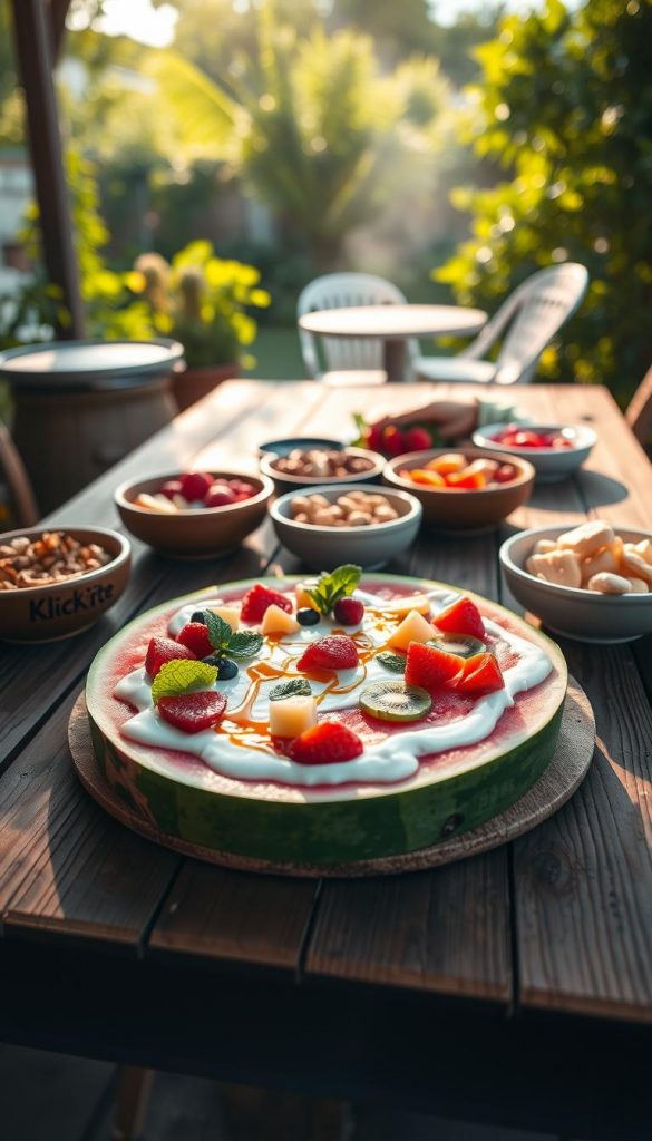 A vibrant, inviting image of a unique "Wassermelonen Pizza Joghurt" presentation, artfully arranged on a rustic wooden table. The foreground features a round slice of watermelon topped with creamy yogurt, colorful fruit pieces (like berries and kiwi), and a drizzle of honey, resembling a pizza. Fresh mint leaves add a touch of green. In the middle, small bowls of assorted healthy snacks like nuts and sliced fruits are scattered around. The background includes a sun-drenched garden setting with a lively BBQ atmosphere, soft, warm lighting filtering through greenery, creating a cozy mood. The overall vibe is cheerful and playful, perfect for a children's summer gathering. Include a subtle brand element "KlickKiste" in the composition, enhancing the Pinterest-inspired aesthetic.