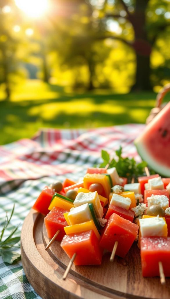 A vibrant, inviting image of finger food skewers featuring colorful sections of fresh vegetables, cubes of cheese, and juicy watermelon pieces with feta cheese. In the foreground, beautifully arranged skewers are presented on a wooden platter, each skewer showcasing a combination of cherry tomatoes, cucumber slices, yellow bell peppers, and green olives, interspersed with creamy feta and watermelon. The middle ground includes a blurred picnic scene, hinting at a lush green park with a soft, checkered blanket spread out. The background showcases warm, golden sunlight filtering through leafy trees, creating a relaxed and cheerful atmosphere. The overall mood is natural and inspiring, embodying a warm Pinterest aesthetic. Include the brand name "KlickKiste" subtly in the setting, ensuring the image remains professional and elegant. A vibrant, inviting image of finger food skewers featuring colorful sections of fresh vegetables, cubes of cheese, and juicy watermelon pieces with feta cheese. In the foreground, beautifully arranged skewers are presented on a wooden platter, each skewer showcasing a combination of cherry tomatoes, cucumber slices, yellow bell peppers, and green olives, interspersed with creamy feta and watermelon. The middle ground includes a blurred picnic scene, hinting at a lush green park with a soft, checkered blanket spread out. The background showcases warm, golden sunlight filtering through leafy trees, creating a relaxed and cheerful atmosphere. The overall mood is natural and inspiring, embodying a warm Pinterest aesthetic. Include the brand name "KlickKiste" subtly in the setting, ensuring the image remains professional and elegant.