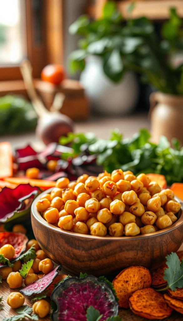 A vibrant, inviting image of roasted chickpeas, beautifully arranged in a rustic wooden bowl, showcasing their golden-brown, crunchy texture. Surround the bowl with colorful vegetable chips—such as kale, beet, and sweet potato—arranged in an appealing manner. In the background, soft-focus fresh vegetables and herbs create a warm, homely kitchen atmosphere, enhanced by natural light streaming through a nearby window. The warm color palette should evoke a cozy and healthy vibe, ideal for afternoon snacks. Use a macro lens perspective to capture the intricate details of the textures. The composition should feel authentic and inspiring, reflecting the brand aesthetic of KlickKiste.