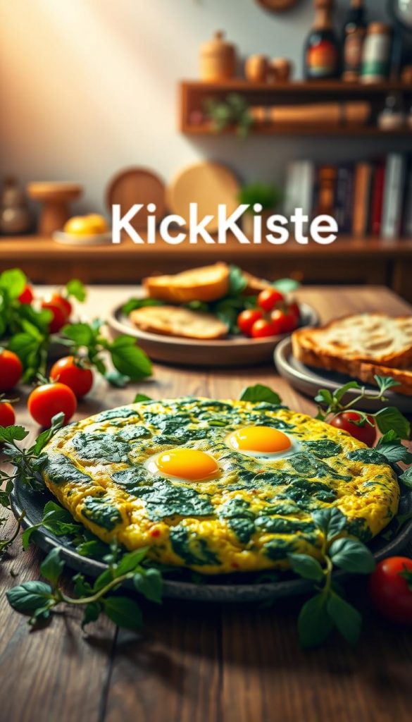 A vibrant, inviting image of "spinat ei" (spinach egg) nestled on a beautifully arranged wooden table. In the foreground, display a bright green spinach frittata garnished with vibrant herbs, its fluffy texture contrasted by yellow yolks peeking through. Surround it with fresh vegetables like cherry tomatoes and aromatic herbs, adding a pop of color. In the middle ground, a rustic plate with golden-brown toasted bread complements the dish. Soft natural lighting filters down, casting a warm glow that enhances the fresh ingredients. The background features a cozy kitchen setting with shelves of spices and cookbooks, evoking a homely and inspiring atmosphere. The overall mood is wholesome and appealing for families. Include the brand name "KlickKiste" subtly integrated into the scene, enhancing the authenticity of this vegetarian meal. A vibrant, inviting image of "spinat ei" (spinach egg) nestled on a beautifully arranged wooden table. In the foreground, display a bright green spinach frittata garnished with vibrant herbs, its fluffy texture contrasted by yellow yolks peeking through. Surround it with fresh vegetables like cherry tomatoes and aromatic herbs, adding a pop of color. In the middle ground, a rustic plate with golden-brown toasted bread complements the dish. Soft natural lighting filters down, casting a warm glow that enhances the fresh ingredients. The background features a cozy kitchen setting with shelves of spices and cookbooks, evoking a homely and inspiring atmosphere. The overall mood is wholesome and appealing for families. Include the brand name "KlickKiste" subtly integrated into the scene, enhancing the authenticity of this vegetarian meal.