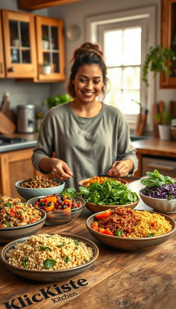 A vibrant, inviting kitchen scene depicting healthy, allergy-friendly meals that are budget-conscious. In the foreground, a rustic wooden table is adorned with colorful dishes filled with fresh vegetables, grains, and legumes, highlighting nutritious ingredients like quinoa, lentils, and leafy greens. In the middle ground, a cheerful individual, dressed in modest casual clothing, is carefully arranging the dishes, exuding warmth and inspiration. The background features a sunlit kitchen with wooden cabinets and potted herbs, enhancing the cozy atmosphere. Soft, warm lighting filters through a window, creating a Pinterest-like aesthetic that feels authentic and inviting. The brand name "KlickKiste" is subtly referenced through the tableware design, embodying a wholesome lifestyle.