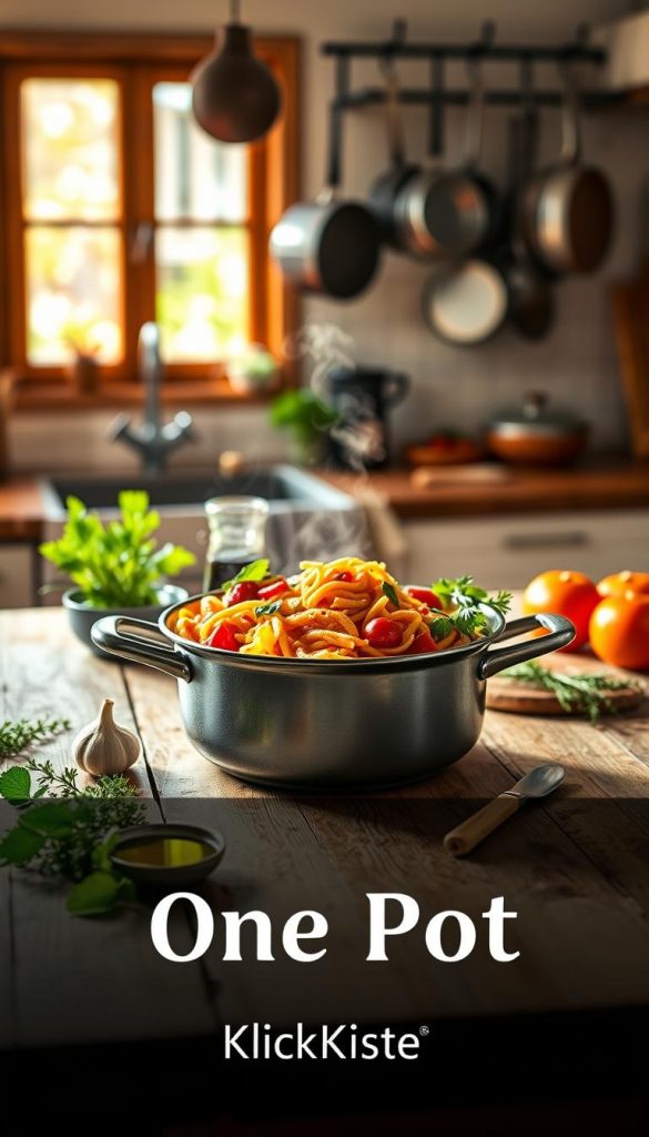 A vibrant, inviting kitchen scene featuring a single, elegant "one pot" dish, centrally placed on a rustic wooden table. The pot is filled with a colorful mix of fresh vegetables and pasta, steam gently rising, suggesting warmth and home-cooked goodness. Surrounding the pot are scattered ingredients like herbs, garlic, and olive oil, showcasing the simplicity of quick meal preparation. The background features soft-focus kitchen elements, such as pots hanging on a rack and a sunny window allowing warm, natural light to illuminate the scene, creating a cozy atmosphere. The overall mood is warm and inspiring, ideal for busy parents looking for quick meal solutions. The image has a Pinterest vibe, reflecting an authentic, homely aesthetic. The brand name "KlickKiste" subtly incorporated into the design. A vibrant, inviting kitchen scene featuring a single, elegant "one pot" dish, centrally placed on a rustic wooden table. The pot is filled with a colorful mix of fresh vegetables and pasta, steam gently rising, suggesting warmth and home-cooked goodness. Surrounding the pot are scattered ingredients like herbs, garlic, and olive oil, showcasing the simplicity of quick meal preparation. The background features soft-focus kitchen elements, such as pots hanging on a rack and a sunny window allowing warm, natural light to illuminate the scene, creating a cozy atmosphere. The overall mood is warm and inspiring, ideal for busy parents looking for quick meal solutions. The image has a Pinterest vibe, reflecting an authentic, homely aesthetic. The brand name "KlickKiste" subtly incorporated into the design.