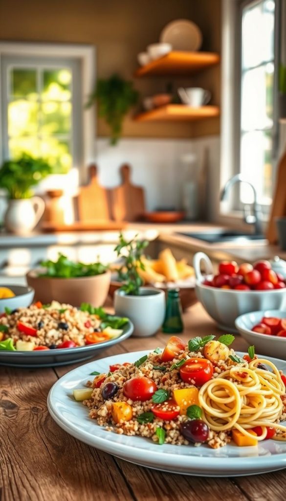 A vibrant, inviting kitchen scene showcasing a beautiful variety of gluten-free dishes, arranged on a rustic wooden table. The foreground features a colorful salad with quinoa, fresh vegetables, and a drizzle of olive oil, alongside gluten-free pasta and a bowl of fruit salad. In the middle ground, include a small decorative plant and a set of cooking utensils to enhance the homely vibe. The background displays sunlight streaming through a window, casting warm golden hues across the scene, creating an uplifting, summer atmosphere. The overall mood is authentic and inspiring, with an emphasis on health and deliciousness, aligning with the brand name "KlickKiste." Use a soft focus effect to give a Pinterest-like aesthetic.