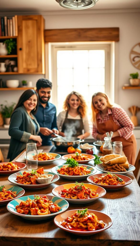 A vibrant, inviting kitchen scene showcasing a delightful arrangement of "minuten" dishes, emphasizing family-friendly, quick recipes. In the foreground, a beautifully set dining table features colorful plates with steaming vibrant dishes, garnished with fresh herbs. In the middle, a diverse family of four, dressed in modest casual clothing, expresses joy while cooking together, surrounded by fresh vegetables and cooking tools. The background includes a sunny window, allowing warm, natural light to flood the room, which has rustic wooden cabinets adorned with cookbooks and plants. The overall mood feels warm and inspirational, capturing the essence of family cooking and culinary success. The scene embodies a Pinterest-worthy aesthetic, showcasing the brand "KlickKiste" through an appealing, authentic culinary experience.