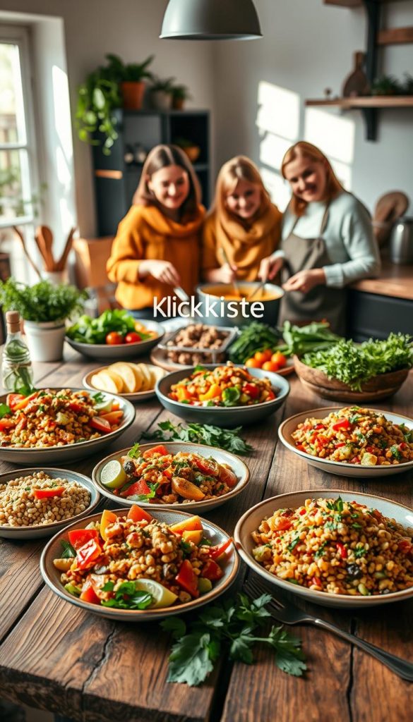 A vibrant, inviting kitchen scene showcasing a variety of vegetarian family dishes arranged artistically on a rustic wooden table. In the foreground, colorful plates filled with seasonal vegetables, hearty grains, and plant-based proteins are surrounded by fresh herbs and spices. In the middle, a happy family of four, dressed in casual, modest clothing, is engaging in meal preparation, exuding warmth and togetherness. The background features soft natural lighting filtering through a window, casting gentle shadows and enhancing the warm tones of the food. A hint of a cozy, homely atmosphere is complemented by earthy decor elements like potted plants and wooden utensils. The brand name “KlickKiste” subtly integrated within the scene. A vibrant, inviting kitchen scene showcasing a variety of vegetarian family dishes arranged artistically on a rustic wooden table. In the foreground, colorful plates filled with seasonal vegetables, hearty grains, and plant-based proteins are surrounded by fresh herbs and spices. In the middle, a happy family of four, dressed in casual, modest clothing, is engaging in meal preparation, exuding warmth and togetherness. The background features soft natural lighting filtering through a window, casting gentle shadows and enhancing the warm tones of the food. A hint of a cozy, homely atmosphere is complemented by earthy decor elements like potted plants and wooden utensils. The brand name “KlickKiste” subtly integrated within the scene.