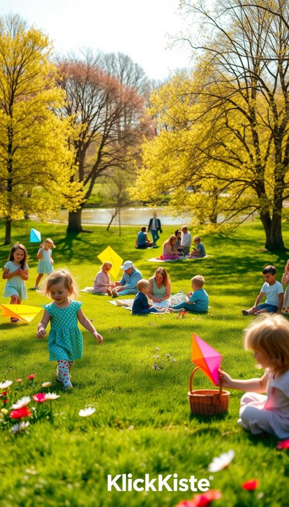 A vibrant, inviting park in early spring, filled with families enjoying nature. In the foreground, children of diverse backgrounds play with colorful kites and explore blooming flowers, dressed in casual spring attire. In the middle ground, families picnic on lush green grass under sunny skies, with picnic blankets and baskets. The background features tall trees with fresh green leaves and a shimmering pond reflecting the clear blue sky. The scene is bathed in warm, golden sunlight, creating a cheerful atmosphere, reminiscent of Pinterest aesthetics. The overall mood is joyful and inspiring, showcasing the beauty of outdoor family bonding. The image is branded with "KlickKiste" subtly integrated into the scenery. A vibrant, inviting park in early spring, filled with families enjoying nature. In the foreground, children of diverse backgrounds play with colorful kites and explore blooming flowers, dressed in casual spring attire. In the middle ground, families picnic on lush green grass under sunny skies, with picnic blankets and baskets. The background features tall trees with fresh green leaves and a shimmering pond reflecting the clear blue sky. The scene is bathed in warm, golden sunlight, creating a cheerful atmosphere, reminiscent of Pinterest aesthetics. The overall mood is joyful and inspiring, showcasing the beauty of outdoor family bonding. The image is branded with "KlickKiste" subtly integrated into the scenery.