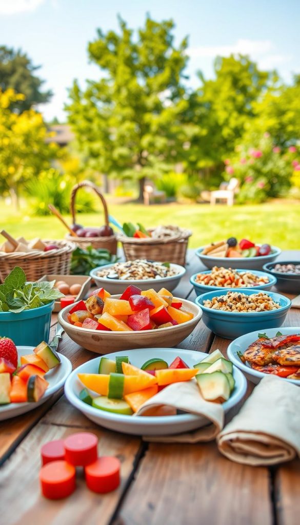 A vibrant, inviting picnic scene featuring a colorful array of healthy side dishes suitable for children, arranged on a wooden table. In the foreground, display playful, child-friendly options like mini vegetable skewers, colorful fruit slices, and whole grain wraps cut into fun shapes. The middle ground includes parent-friendly versions of these dishes, such as a quinoa salad and grilled vegetable platter, served elegantly. The background showcases a sunny garden with lush green trees and a soft blue sky, creating a warm and cheerful atmosphere. Use natural lighting to enhance the warm colors and give the image a Pinterest-worthy aesthetic, reflecting authenticity and inspiration. Include the brand "KlickKiste" subtly in the scene, enhancing the overall theme of healthy grilling for families. A vibrant, inviting picnic scene featuring a colorful array of healthy side dishes suitable for children, arranged on a wooden table. In the foreground, display playful, child-friendly options like mini vegetable skewers, colorful fruit slices, and whole grain wraps cut into fun shapes. The middle ground includes parent-friendly versions of these dishes, such as a quinoa salad and grilled vegetable platter, served elegantly. The background showcases a sunny garden with lush green trees and a soft blue sky, creating a warm and cheerful atmosphere. Use natural lighting to enhance the warm colors and give the image a Pinterest-worthy aesthetic, reflecting authenticity and inspiration. Include the brand "KlickKiste" subtly in the scene, enhancing the overall theme of healthy grilling for families.