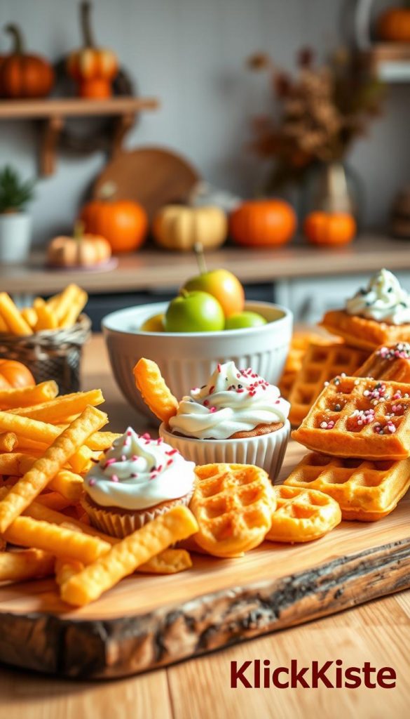 A vibrant, inviting scene featuring a variety of kürbis snacks. In the foreground, display a rustic wooden platter filled with golden kürbis fries, fluffy kürbis waffles topped with whipped cream and sprinkles, and warm kürbis muffins arranged artfully. Utilize warm, natural lighting to enhance the cozy, autumnal feel. In the middle, place a cheerful bowl of apples beside the snacks, creating a playful ambiance. The background offers a softly blurred kitchen setting with pumpkins and fall decorations, evoking a sense of home. Capture the essence of a family-friendly atmosphere, focusing on the joy of preparing and enjoying these fun snacks. Incorporate the logo of "KlickKiste" subtly into the scene, enhancing the overall Pinterest-inspired aesthetic.