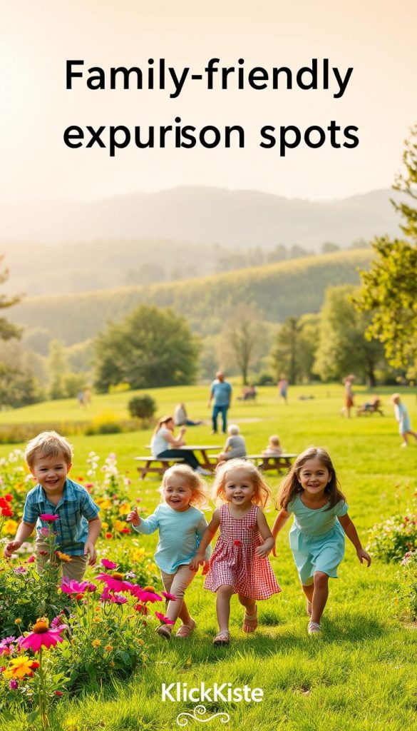 A vibrant, inviting scene of family-friendly excursion spots that convey affordability and enjoyment. In the foreground, a happy family of four&mdash;two children and their parents&mdash;are joyfully exploring a lush park filled with colorful flowers and greenery. The middle ground showcases picnic areas with families enjoying time together, and children playing games in the grass. In the background, gentle hills and trees create a serene atmosphere under a bright, sunny sky with soft, warm lighting. The mood is cheerful and lively, capturing the essence of budget-friendly family activities. The image should have a natural aesthetic with warm colors and a Pinterest-like allure, reflecting authenticity and inspiration. Include a subtle branding element of "KlickKiste" within the composition.