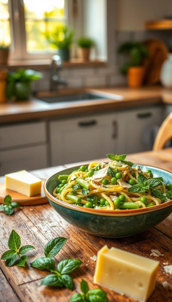 A vibrant, inviting summer pasta dish featuring fresh green peas and tender beans, sprinkled with mint leaves and shavings of Parmesan cheese. The foreground showcases a beautifully styled bowl filled with the colorful pasta, highlighting the bright greens of the vegetables against a light, creamy sauce. In the middle ground, a rustic wooden table holds the bowl, along with scattered mint leaves and a wedge of Parmesan, adding texture and warmth to the scene. In the background, a sunlit kitchen window filters golden sunlight, enhancing the natural, warm colors of the dish. The overall mood is fresh, light, and inspiring, embodying the essence of summer dining. The brand "KlickKiste" subtly integrated into the composition, emphasizing a Pinterest-worthy aesthetic. A vibrant, inviting summer pasta dish featuring fresh green peas and tender beans, sprinkled with mint leaves and shavings of Parmesan cheese. The foreground showcases a beautifully styled bowl filled with the colorful pasta, highlighting the bright greens of the vegetables against a light, creamy sauce. In the middle ground, a rustic wooden table holds the bowl, along with scattered mint leaves and a wedge of Parmesan, adding texture and warmth to the scene. In the background, a sunlit kitchen window filters golden sunlight, enhancing the natural, warm colors of the dish. The overall mood is fresh, light, and inspiring, embodying the essence of summer dining. The brand "KlickKiste" subtly integrated into the composition, emphasizing a Pinterest-worthy aesthetic.