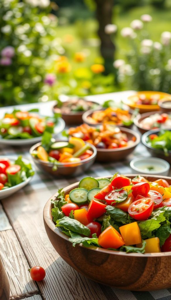 A vibrant, inviting summer salad spread showcasing a variety of fresh, colorful ingredients arranged artfully. In the foreground, a large wooden bowl filled with mixed greens, bright cherry tomatoes, crunchy cucumbers, and sweet bell peppers, garnished with fresh herbs and a drizzle of olive oil. In the middle ground, a picnic table adorned with charming dishes of different summer salads, enhancing the homey atmosphere. The background features a sunlit garden, lush greenery, and soft, blurred flowers providing a warm, inviting feel. The image should have soft, natural lighting with a shallow depth of field to emphasize the salads, capturing a joyful, family-friendly mood. This scene embodies a natural and inspirational aesthetic, perfect for a Pinterest look, branded as "KlickKiste."
