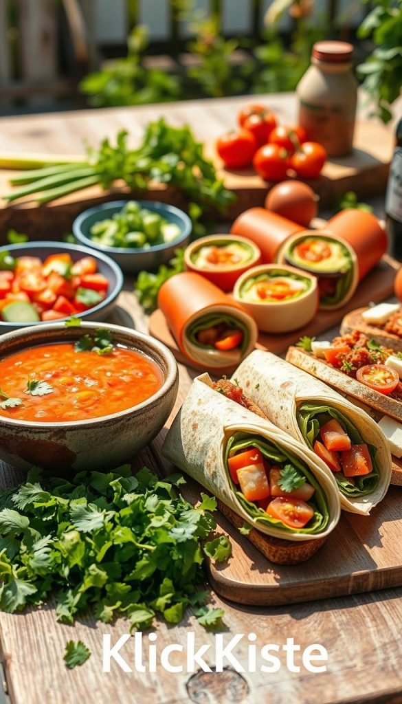 A vibrant, inviting summer spread featuring cold dishes such as gazpacho in a rustic bowl, colorful vegetable wraps, and hearty open-faced sandwiches (Stullen). The foreground showcases fresh, chopped vegetables and herbs, arranged artfully beside the dishes. The middle ground displays the gazpacho, crisp and appetizing, garnished with cilantro and diced cucumber. The wraps are neatly sliced to reveal their colorful interiors, while the Stullen are topped with slices of ripe tomatoes and creamy cheeses. In the background, a sunlit table set outdoors, adorned with natural elements like wood and greenery, creates a relaxed summer atmosphere. The lighting is warm and soft, giving a Pinterest-worthy feel that is both authentic and inspiring, perfect for a summer recipe article. Include the brand name "KlickKiste" subtly integrated into the scene, enhancing the overall presentation.