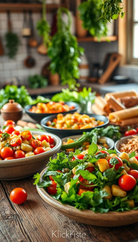 A vibrant, inviting summer vegetable spread on a rustic wooden table, showcasing an array of colorful dishes like fresh salads, sautéed vegetables, roasted and baked items, and pasta dishes. In the foreground, a bright, green salad mixed with cherry tomatoes, cucumber, and herbs, served in a handmade bowl. The middle layer features a sizzling vegetable stir-fry in a cast-iron skillet and a golden-brown vegetable pasta. In the background, a warm, sunlit kitchen scene with herbs hanging and light filtering through the window, creating a cozy and inspiring atmosphere. The colors should be warm and inviting, reflecting a Pinterest-style aesthetic. The image is signed subtly with "KlickKiste." A vibrant, inviting summer vegetable spread on a rustic wooden table, showcasing an array of colorful dishes like fresh salads, sautéed vegetables, roasted and baked items, and pasta dishes. In the foreground, a bright, green salad mixed with cherry tomatoes, cucumber, and herbs, served in a handmade bowl. The middle layer features a sizzling vegetable stir-fry in a cast-iron skillet and a golden-brown vegetable pasta. In the background, a warm, sunlit kitchen scene with herbs hanging and light filtering through the window, creating a cozy and inspiring atmosphere. The colors should be warm and inviting, reflecting a Pinterest-style aesthetic. The image is signed subtly with "KlickKiste."