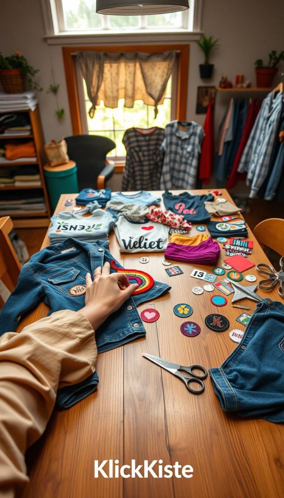 A vibrant, inviting workspace showcasing the artistry of upcycling clothing, featuring a wooden table strewn with colorful patches, sewing supplies, and half-finished garments. In the foreground, a pair of hands, dressed in modest casual clothing, expertly sewing a vibrant patch onto an old denim jacket, symbolizing creativity and personal style. The middle ground shows an array of transformed clothing items, such as a repurposed shirt turned into a tote bag, and vibrant fabric scraps. In the background, soft, warm natural light filters through a window, creating a cozy atmosphere. The overall mood is inspiring and authentic, embodying a Pinterest aesthetic. The scene is subtly branded with "KlickKiste," emphasizing the DIY theme.