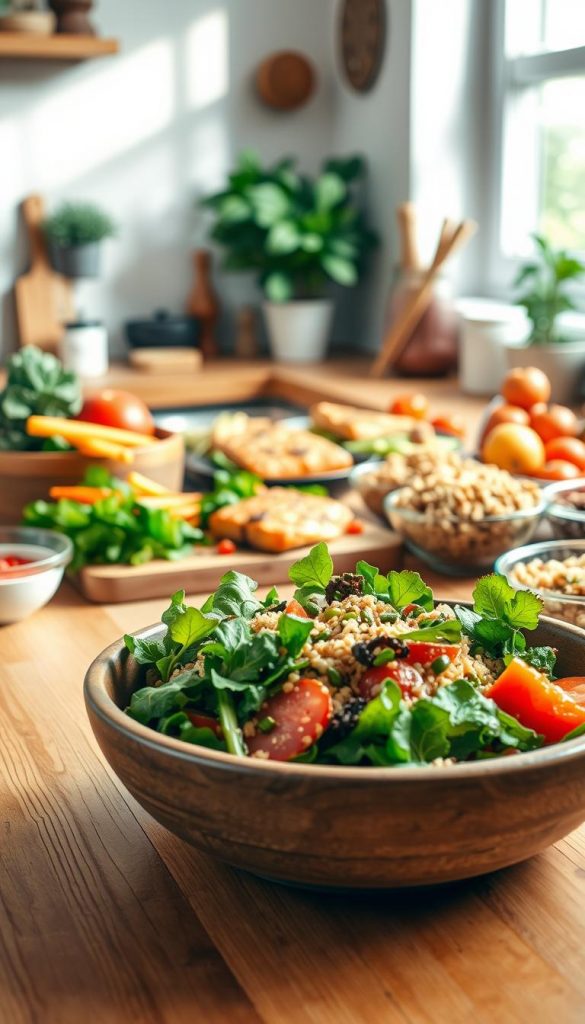 A vibrant kitchen scene depicting a variety of healthy dinner alternatives, showcasing colorful, fresh ingredients like leafy greens, whole grains, and lean proteins arranged neatly on a wooden countertop. In the foreground, a beautifully prepared salad in a rustic bowl captures the eye, while in the middle, a selection of wholesome dishes, such as grilled salmon and quinoa, is artistically displayed. The background features warm, inviting kitchen decor with soft natural light streaming in through a window, creating a cozy, nurturing atmosphere. The color palette should be warm and earthy, evoking a sense of health and vitality. The image should inspire creativity in cooking, embodying the aesthetic of "KlickKiste" with a natural, Pinterest-inspired look. A vibrant kitchen scene depicting a variety of healthy dinner alternatives, showcasing colorful, fresh ingredients like leafy greens, whole grains, and lean proteins arranged neatly on a wooden countertop. In the foreground, a beautifully prepared salad in a rustic bowl captures the eye, while in the middle, a selection of wholesome dishes, such as grilled salmon and quinoa, is artistically displayed. The background features warm, inviting kitchen decor with soft natural light streaming in through a window, creating a cozy, nurturing atmosphere. The color palette should be warm and earthy, evoking a sense of health and vitality. The image should inspire creativity in cooking, embodying the aesthetic of "KlickKiste" with a natural, Pinterest-inspired look.
