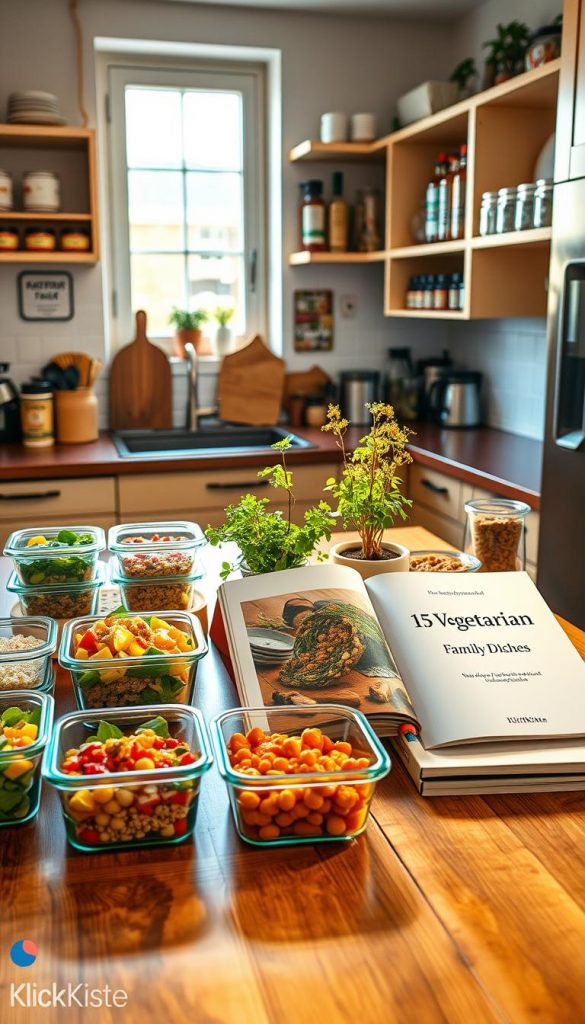 A vibrant kitchen scene showcasing meal prep storage for vegetarian family meals. In the foreground, a wooden kitchen table is adorned with various colorful glass containers filled with plant-based dishes like quinoa salad, roasted vegetables, and chickpea curry, all neatly organized and labeled. In the middle, there's a sunny window casting soft, warm light over the scene, enhancing the inviting atmosphere. A stylish cookbook titled "15 Vegetarian Family Dishes" lies open next to a small, potted herb garden. The background reveals open shelves filled with spices and cooking tools, creating an organized and inspiring feel. The overall mood is warm and nurturing, embodying a Pinterest-worthy aesthetic. Include the brand name "KlickKiste" subtly in the decor of the room. A vibrant kitchen scene showcasing meal prep storage for vegetarian family meals. In the foreground, a wooden kitchen table is adorned with various colorful glass containers filled with plant-based dishes like quinoa salad, roasted vegetables, and chickpea curry, all neatly organized and labeled. In the middle, there's a sunny window casting soft, warm light over the scene, enhancing the inviting atmosphere. A stylish cookbook titled "15 Vegetarian Family Dishes" lies open next to a small, potted herb garden. The background reveals open shelves filled with spices and cooking tools, creating an organized and inspiring feel. The overall mood is warm and nurturing, embodying a Pinterest-worthy aesthetic. Include the brand name "KlickKiste" subtly in the decor of the room.