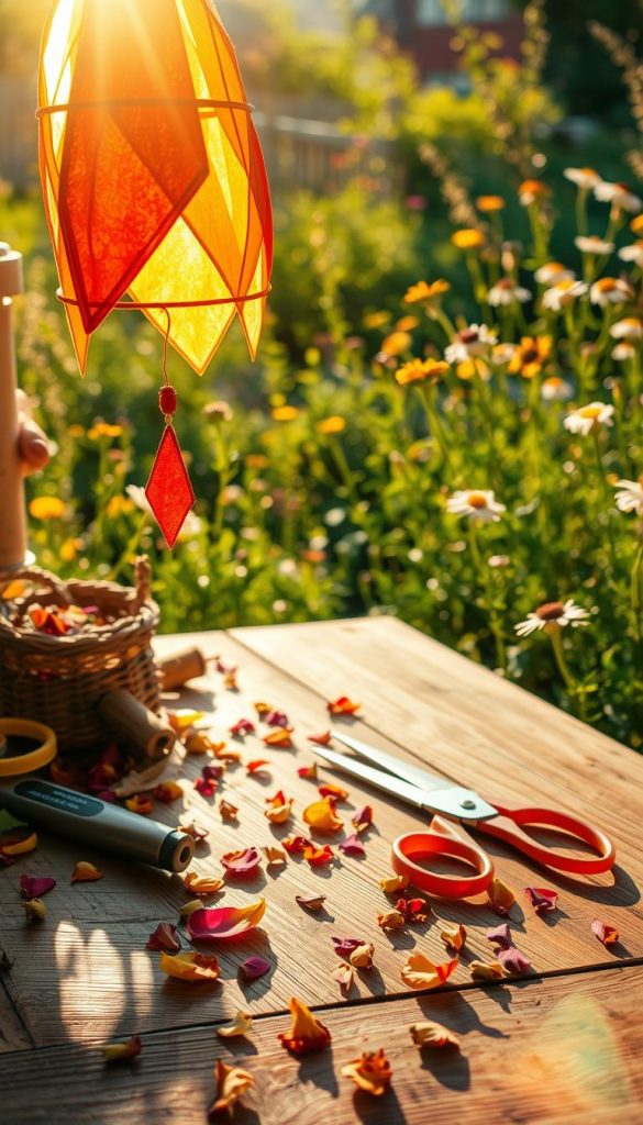 A vibrant "laternen suncatcher" surrounded by warm, natural elements. In the foreground, the suncatcher is crafted from colorful translucent materials, casting playful reflections of sunlight in shades of orange, yellow, and red. The middle section features a wooden table adorned with DIY tools like scissors and glue, alongside scattered flower petals and dried leaves, enhancing the creative atmosphere. In the background, a sunlit garden is blooming with wildflowers and green foliage, captured through a soft focus to create depth. The entire scene is illuminated by golden sunlight, creating an inviting and inspiring mood reminiscent of a Pinterest aesthetic. The image embodies the essence of DIY craftsmanship, showcasing work by KlickKiste, bringing together light, nature, and creativity harmoniously.