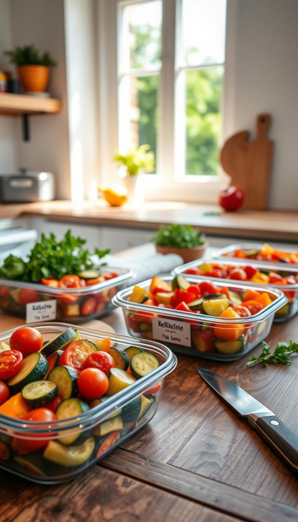A vibrant meal prep scene featuring beautifully arranged roasted vegetables, showcasing a colorful mix of zucchini, bell peppers, cherry tomatoes, and carrots. In the foreground, there are multiple meal prep containers filled with this seasonal medley, each neatly labeled and portioned for three days of healthy eating. The middle ground features a rustic wooden table, accented by fresh herbs and a cutting board with a knife. In the background, a sunlit kitchen window casts warm, inviting light, enhancing the natural colors of the vegetables. The atmosphere is cheerful and inspiring, embodying a Pinterest-worthy aesthetic. The image should include a subtle branding element for "KlickKiste" integrated into the table setting, ensuring a cohesive and professional look. A vibrant meal prep scene featuring beautifully arranged roasted vegetables, showcasing a colorful mix of zucchini, bell peppers, cherry tomatoes, and carrots. In the foreground, there are multiple meal prep containers filled with this seasonal medley, each neatly labeled and portioned for three days of healthy eating. The middle ground features a rustic wooden table, accented by fresh herbs and a cutting board with a knife. In the background, a sunlit kitchen window casts warm, inviting light, enhancing the natural colors of the vegetables. The atmosphere is cheerful and inspiring, embodying a Pinterest-worthy aesthetic. The image should include a subtle branding element for "KlickKiste" integrated into the table setting, ensuring a cohesive and professional look.
