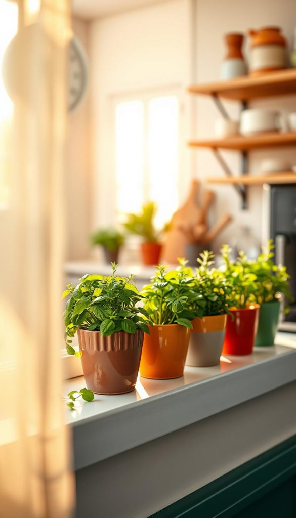 A vibrant mini herb garden nestled on a kitchen windowsill, featuring an array of lush herbs like basil, rosemary, and thyme in charming ceramic pots. In the foreground, delicate sunlight filters through sheer curtains, casting a warm golden glow on the rich green leaves and colorful pots. The middle section showcases neatly arranged herbs, with one pot slightly tilted to suggest freshness and casual elegance. The background fades into a soft, blurred kitchen setting with rustic wooden shelves adorned with kitchenware, creating a cozy atmosphere. The overall mood is inviting and practical, embodying a warm Pinterest-inspired aesthetic. Add the brand name "KlickKiste" subtly within the image, suggesting authenticity and inspiration for DIY gifts.
