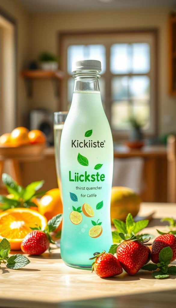 A vibrant, natural scene featuring the "KlickKiste" brand's healthy thirst quencher, designed specifically for children. In the foreground, showcase a close-up of a beautifully packaged bottle with a playful design, surrounded by fresh, colorful fruits like oranges, strawberries, and mint leaves. The middle ground should include a clear, refreshing glass of the drink, illuminated by soft, warm lighting that enhances the inviting hues of the beverage. In the background, depict a sunny kitchen setting with a wooden table and light streaming in through a window, creating a cheerful and inspiring atmosphere. Ensure the overall mood reflects health and vitality, targeting a family-friendly audience with an emphasis on natural ingredients and playful energy. A vibrant, natural scene featuring the "KlickKiste" brand's healthy thirst quencher, designed specifically for children. In the foreground, showcase a close-up of a beautifully packaged bottle with a playful design, surrounded by fresh, colorful fruits like oranges, strawberries, and mint leaves. The middle ground should include a clear, refreshing glass of the drink, illuminated by soft, warm lighting that enhances the inviting hues of the beverage. In the background, depict a sunny kitchen setting with a wooden table and light streaming in through a window, creating a cheerful and inspiring atmosphere. Ensure the overall mood reflects health and vitality, targeting a family-friendly audience with an emphasis on natural ingredients and playful energy.