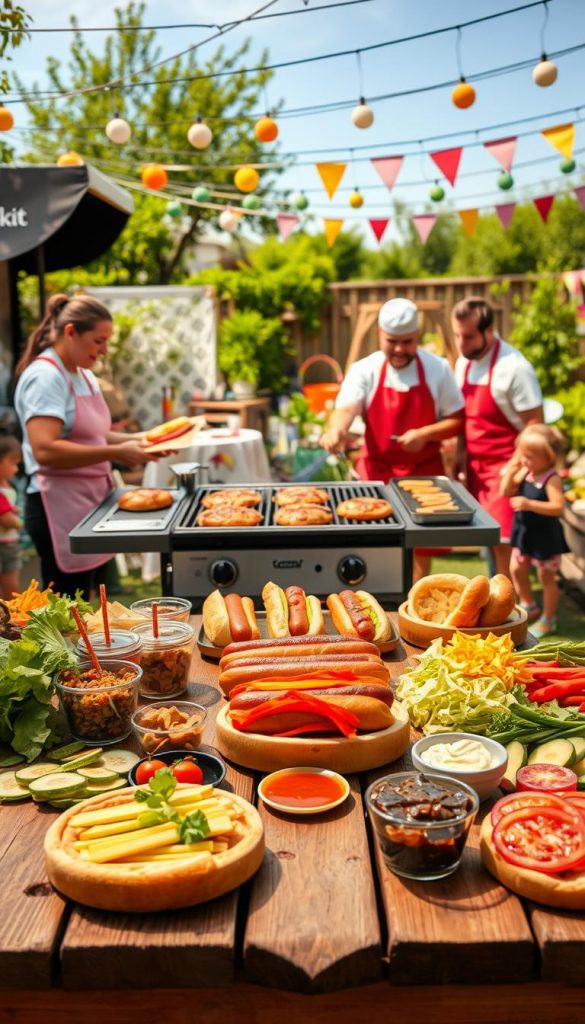 A vibrant outdoor BBQ scene featuring a "Hot-Dog und Burger Station" set against a sunny backdrop. In the foreground, an inviting wooden table is adorned with various colorful toppings for hot dogs and burgers, including fresh vegetables, sauces, and buns, all presented in an appealing arrangement. In the middle ground, a large grill is sizzling with perfectly cooked burgers and hot dogs, emitting a slight waft of smoke. Chefs, dressed in casual aprons, are happily preparing the food, creating a sense of joy and community. The background reveals a cozy garden atmosphere with festive picnic decorations, fairy lights hanging above, and children playing nearby. The colors are warm and inviting, enhancing the cheerful mood of a family-friendly BBQ. Inspired by a Pinterest aesthetic, this scene reflects an authentic and inspiring summer gathering, branded subtly with "KlickKiste."