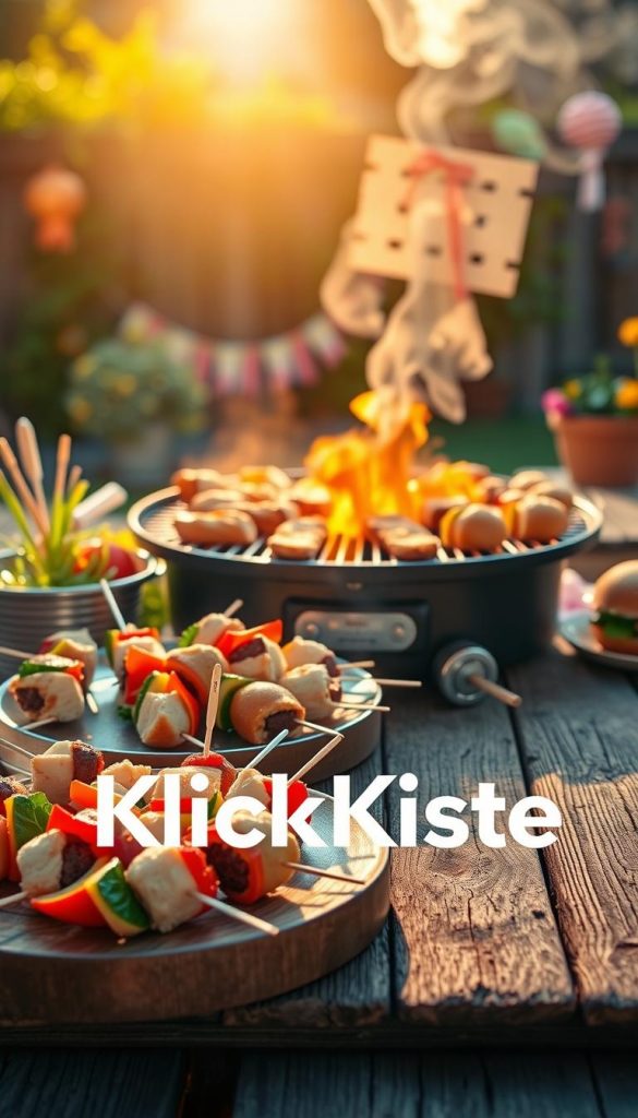 A vibrant outdoor BBQ scene focused on a colorful array of finger foods sizzling on a grill. In the foreground, a selection of mini skewers featuring vegetables, chicken, and bite-sized burgers is plated on a rustic wooden table. The middle ground showcases a well-lit grill with smoke wafting up, surrounded by cheerful picnic-style decorations. In the background, a sunlit garden with lush greenery sets an inviting atmosphere. Warm, natural lighting casts a golden hue across the scene, creating a cozy and friendly vibe ideal for kids. The overall composition promotes a sense of fun and togetherness, reflecting a Pinterest-inspired aesthetic. The brand name "KlickKiste" subtly integrated into the setup, blending seamlessly with the warm, inviting designs.