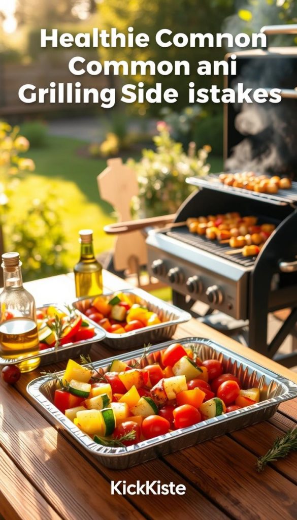 A vibrant outdoor grilling scene showcasing healthy side dishes, emphasizing the importance of avoiding common grilling mistakes. In the foreground, a wooden table is beautifully set with colorful, fresh vegetables like bell peppers, zucchini, and cherry tomatoes, artfully arranged in aluminum trays. A bottle of olive oil and sprigs of fresh herbs like rosemary and thyme are placed beside them, hinting at seasoning techniques. In the middle ground, a grill is sizzling, with perfectly cooked vegetable skewers and some grill tools neatly arranged. The background features a sunlit garden with lush greenery, creating an inviting atmosphere. Soft, warm lighting casts a golden hue over the scene, enhancing the warm colors. The image embodies authenticity and inspiration, reflecting the brand "KlickKiste". A vibrant outdoor grilling scene showcasing healthy side dishes, emphasizing the importance of avoiding common grilling mistakes. In the foreground, a wooden table is beautifully set with colorful, fresh vegetables like bell peppers, zucchini, and cherry tomatoes, artfully arranged in aluminum trays. A bottle of olive oil and sprigs of fresh herbs like rosemary and thyme are placed beside them, hinting at seasoning techniques. In the middle ground, a grill is sizzling, with perfectly cooked vegetable skewers and some grill tools neatly arranged. The background features a sunlit garden with lush greenery, creating an inviting atmosphere. Soft, warm lighting casts a golden hue over the scene, enhancing the warm colors. The image embodies authenticity and inspiration, reflecting the brand "KlickKiste".