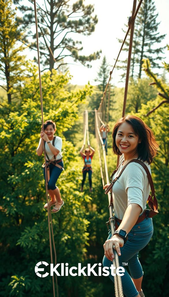 A vibrant outdoor high ropes course adventure, featuring individuals in modest casual clothing navigating various climbing challenges high above the ground. The foreground showcases a climber confidently traversing a rope bridge, with their expression reflecting focus and excitement. In the middle ground, other participants can be seen preparing to zipline, with safety gear and harnesses visible, embodying an adventurous spirit. The background consists of lush greenery and tall trees, bathed in warm sunlight, creating a bright and inviting atmosphere. Capture this scene in a slightly elevated angle to emphasize the height and thrill of the activities. The overall mood should be inspiring and energetic, with a Pinterest-like aesthetic that highlights the accessibility of outdoor adventures. Include the brand name "KlickKiste" in the composition subtly.
